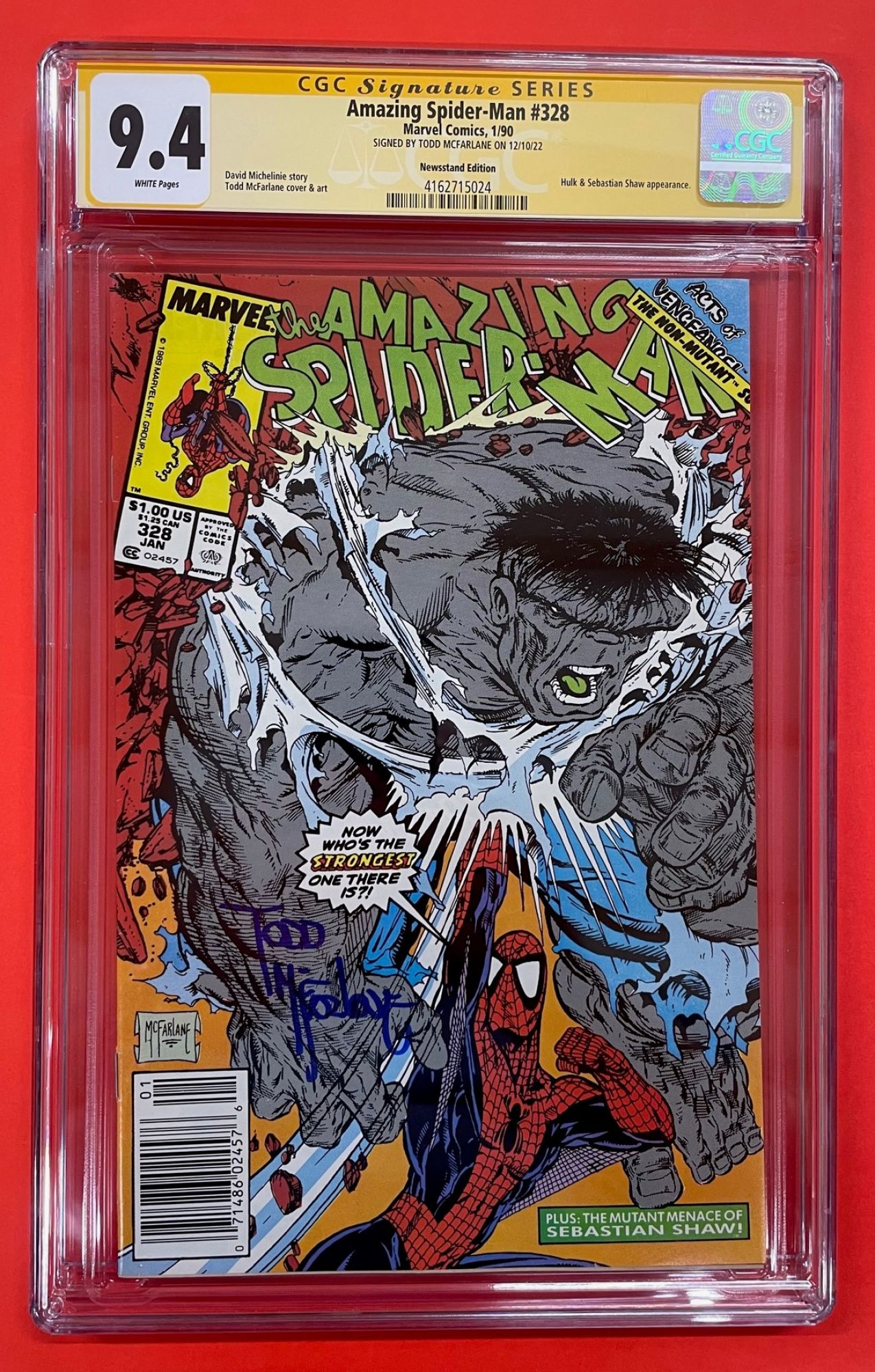 Amazing Spider-Man #328, Jan 1990, 9.4 NM Newsstand, CGC Signed by Todd McFarlane