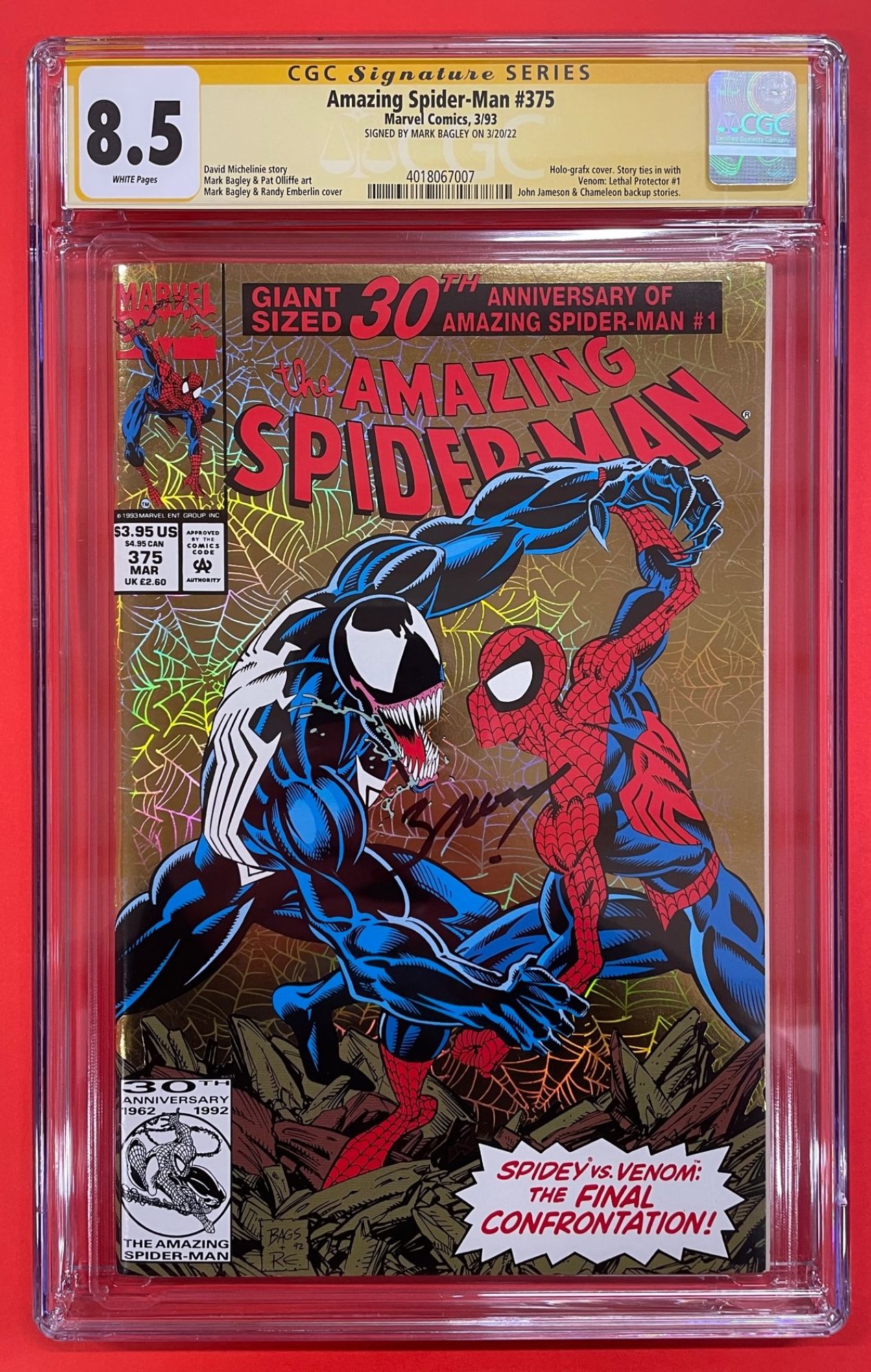 Amazing Spider-Man #375, Mar 1993, 8.5 VF+ CGC Signed by Mark Bagley