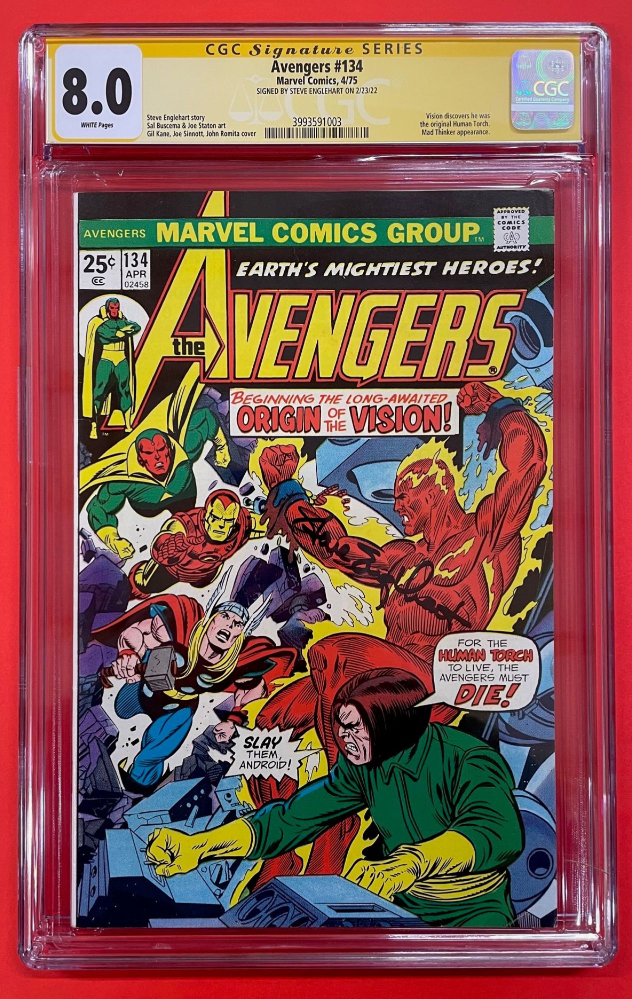 Avengers #134, Apr 1975, 8.0 VF CGC Signed Steve Englehart