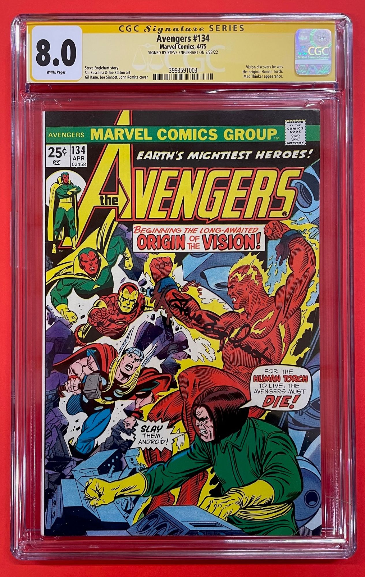 Avengers #134, Apr 1975, 8.0 VF CGC Signed Steve Englehart