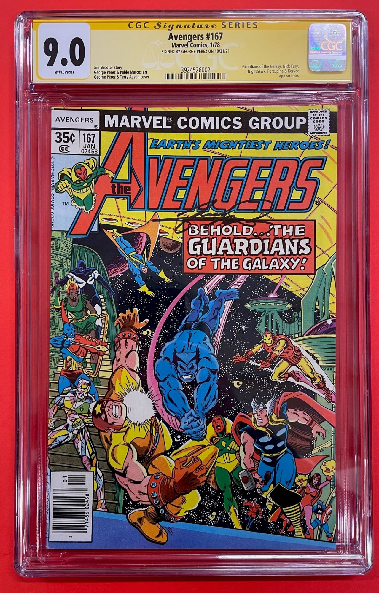 Avengers #167, Jan 1978, 9.0 VF/NM CGC Signed George Perez