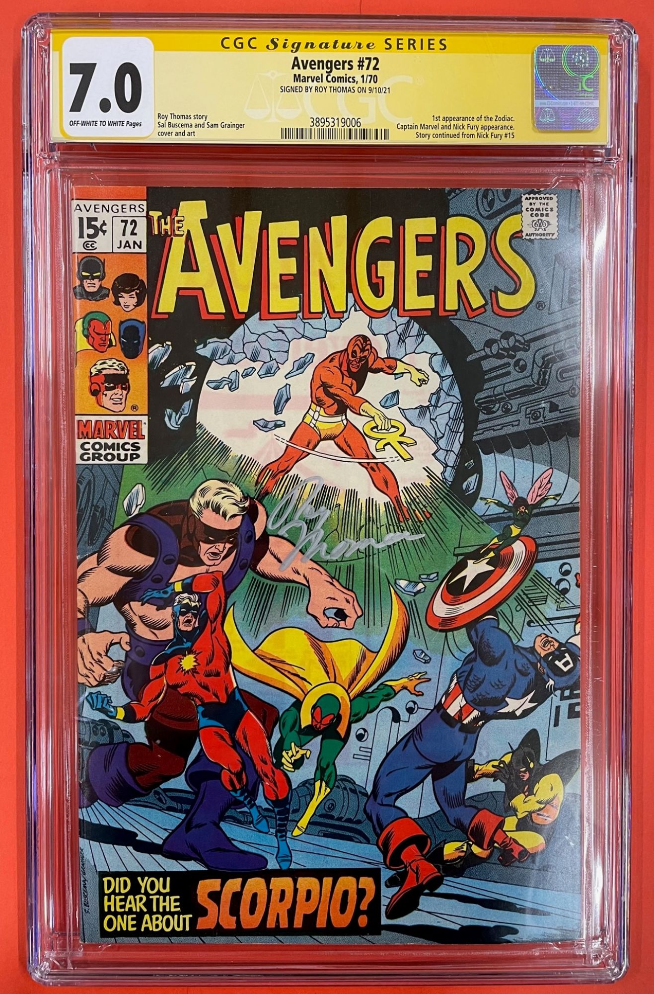 Avengers #72, Jan 1970, 7.0 FN/VF CGC Signed Roy Thomas