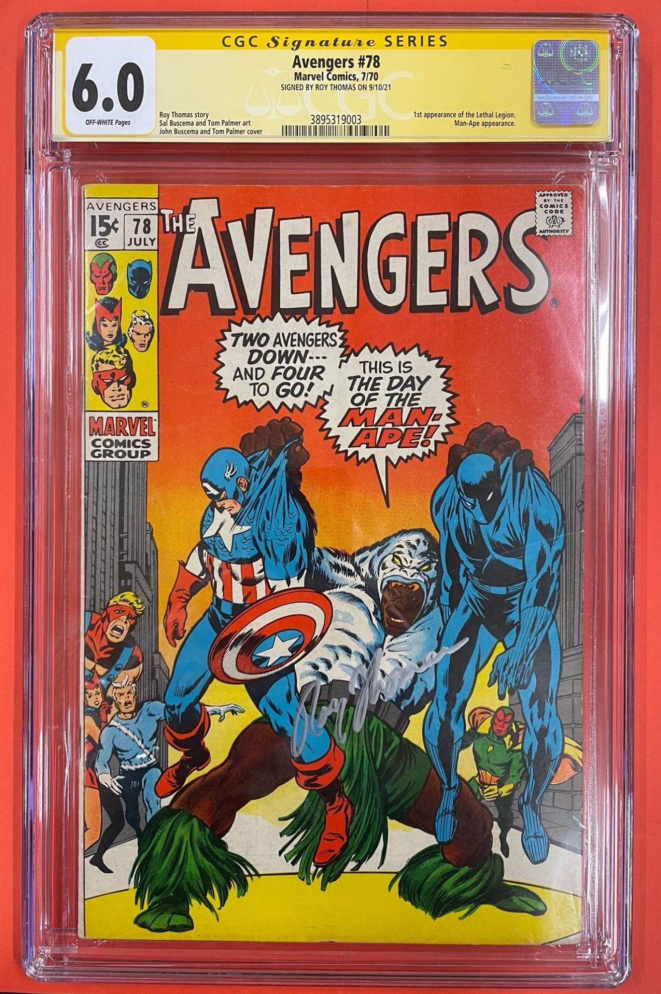 Avengers #78, Jul 1970, 6.0 FN CGC Signed by Roy Thomas