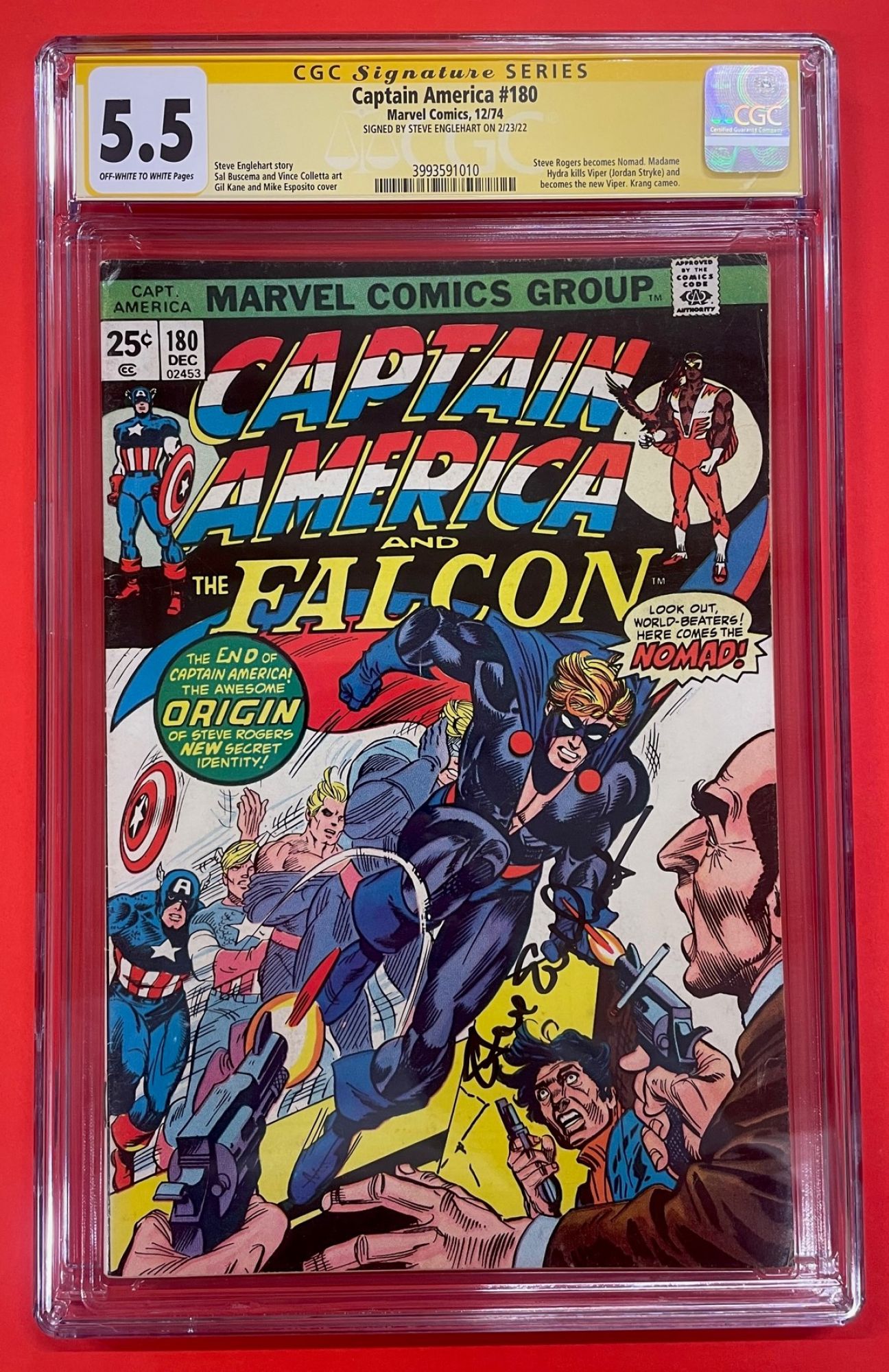 Captain America #180, Dec 1974, 5.5 FN- CGC Signed Steve Englehart