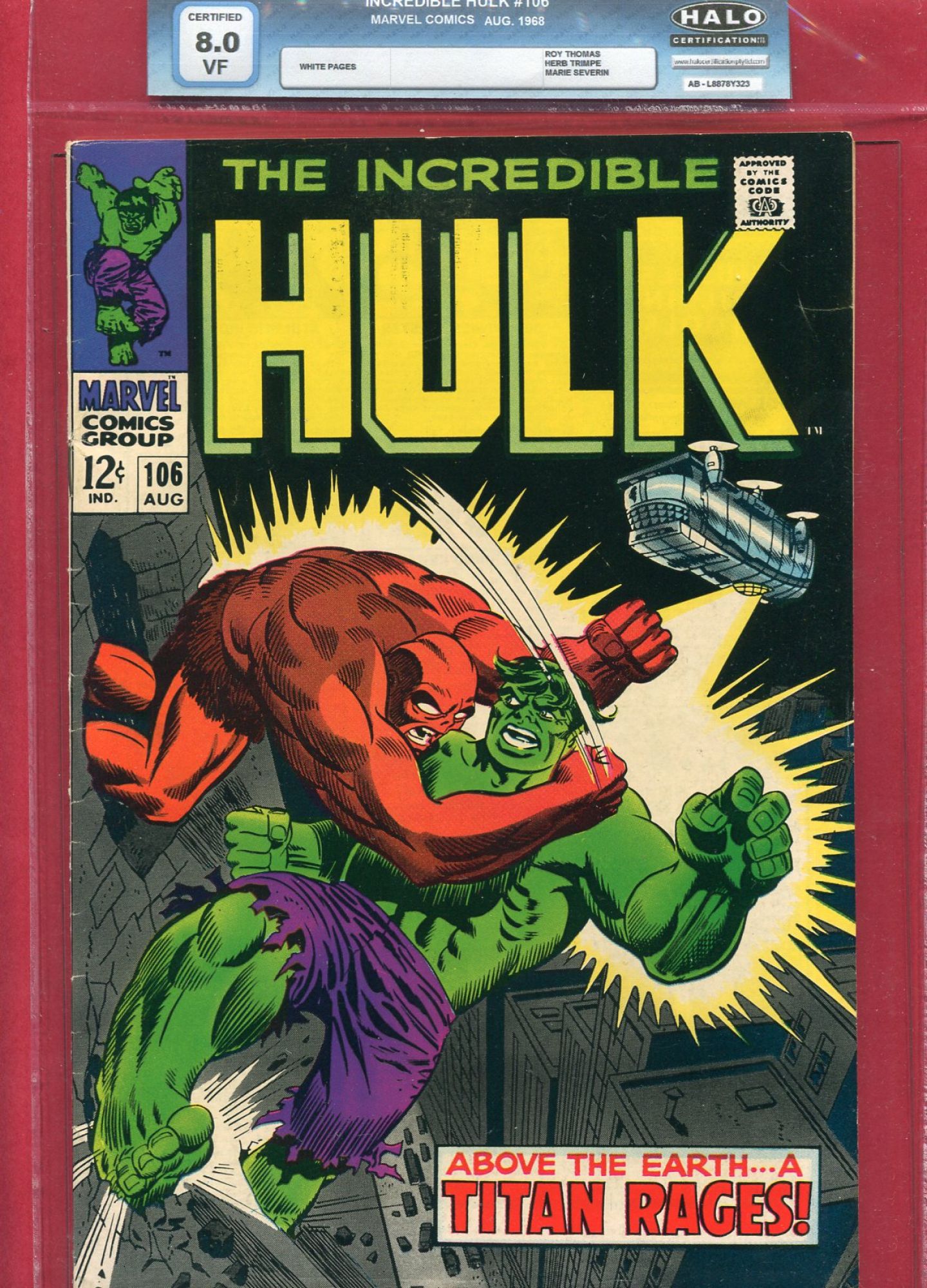 Incredible Hulk #106, Aug 1968, 8.0 VF Halo Soft Slab