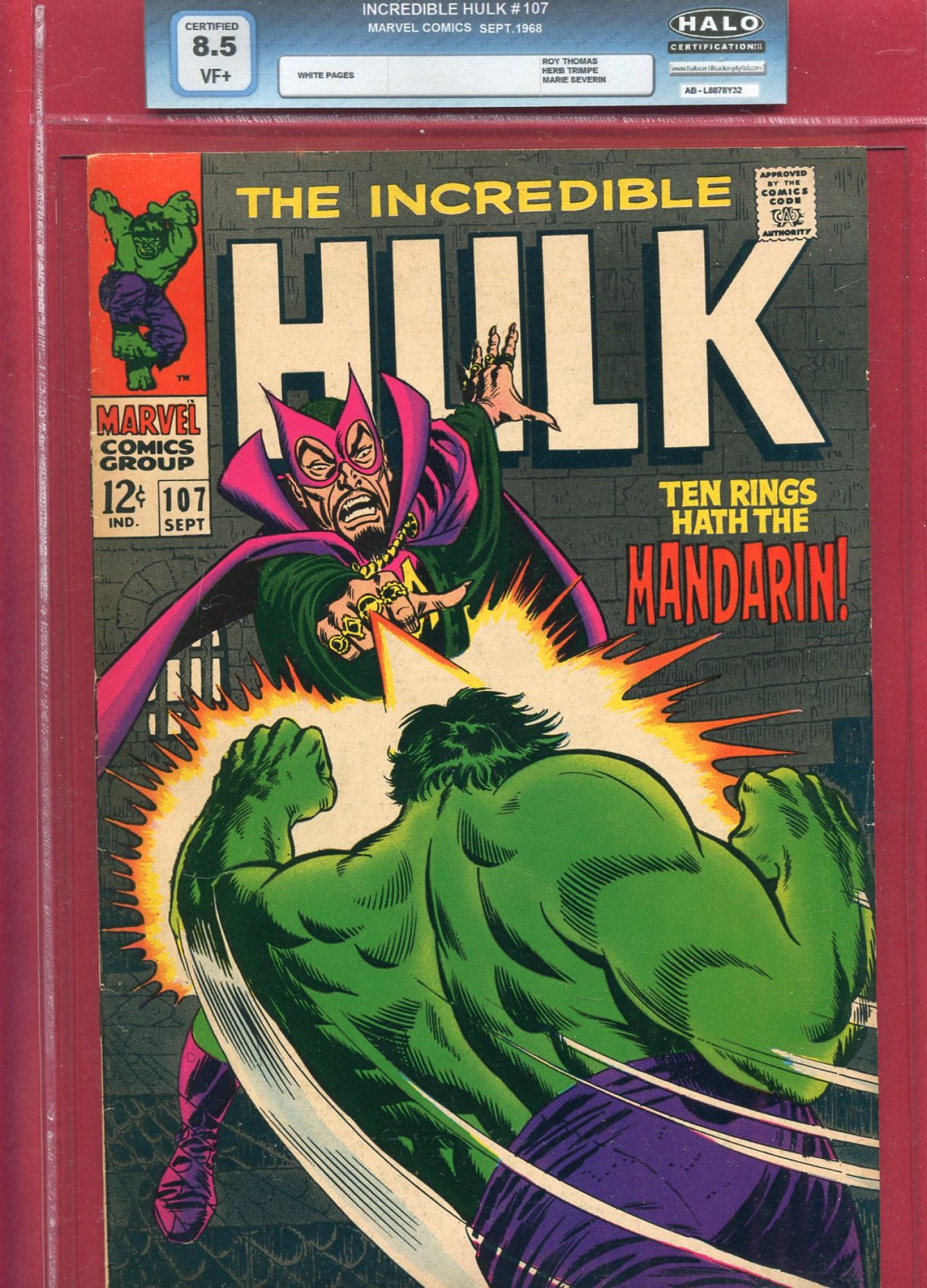 Incredible Hulk #107, Sep 1968, 8.5 VF+ Halo Soft Slab