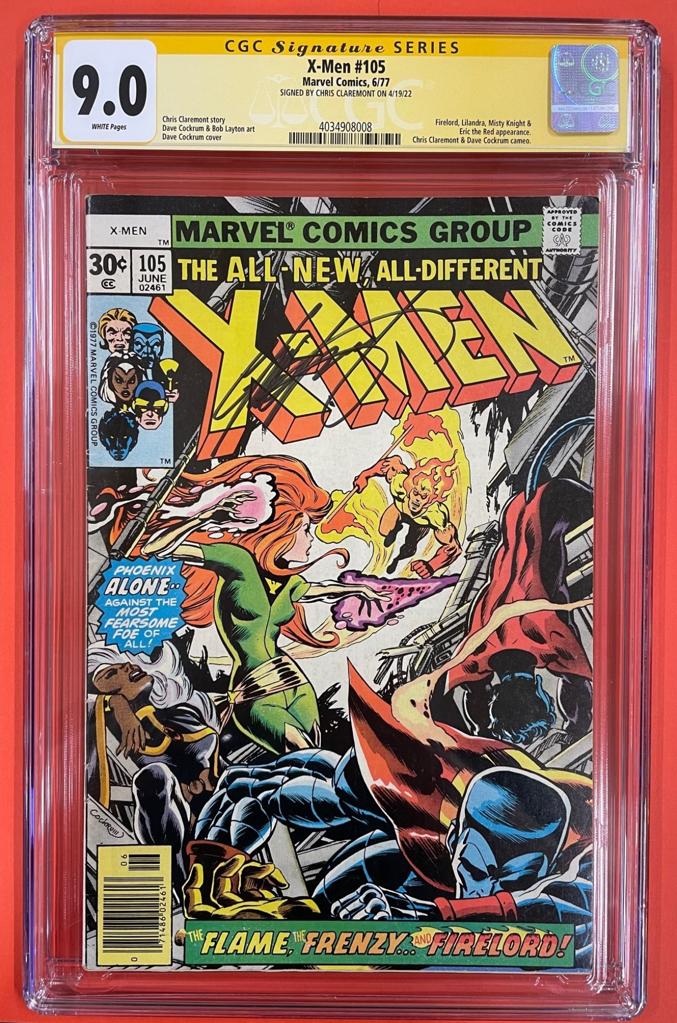 X-Men #105, Jun 1977, 9.0 VF/NM CGC Signed by Chris Claremont