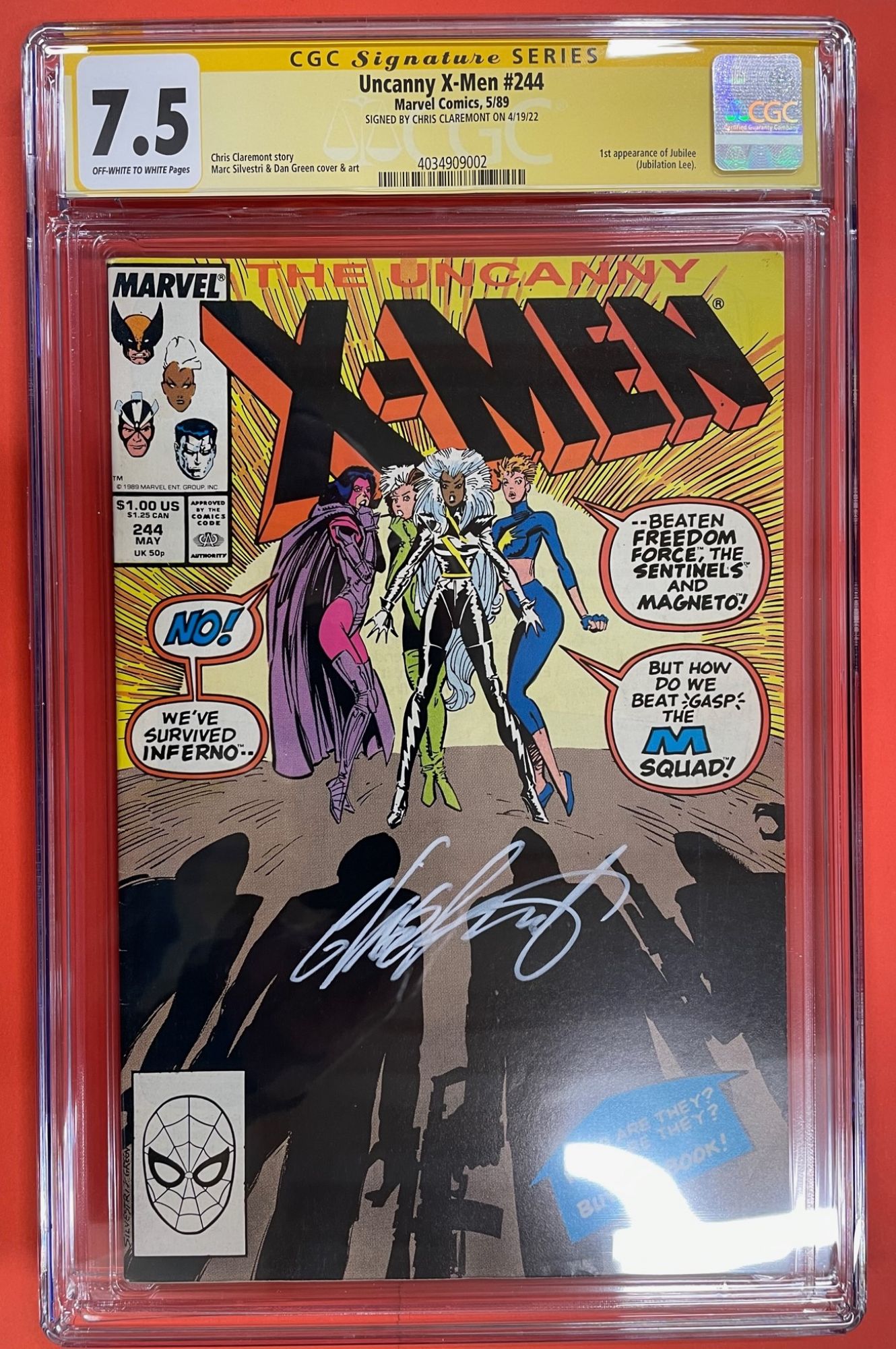 Uncanny X-Men #244, May 1989, 7.5 VF- CGC Signed Chris Claremont